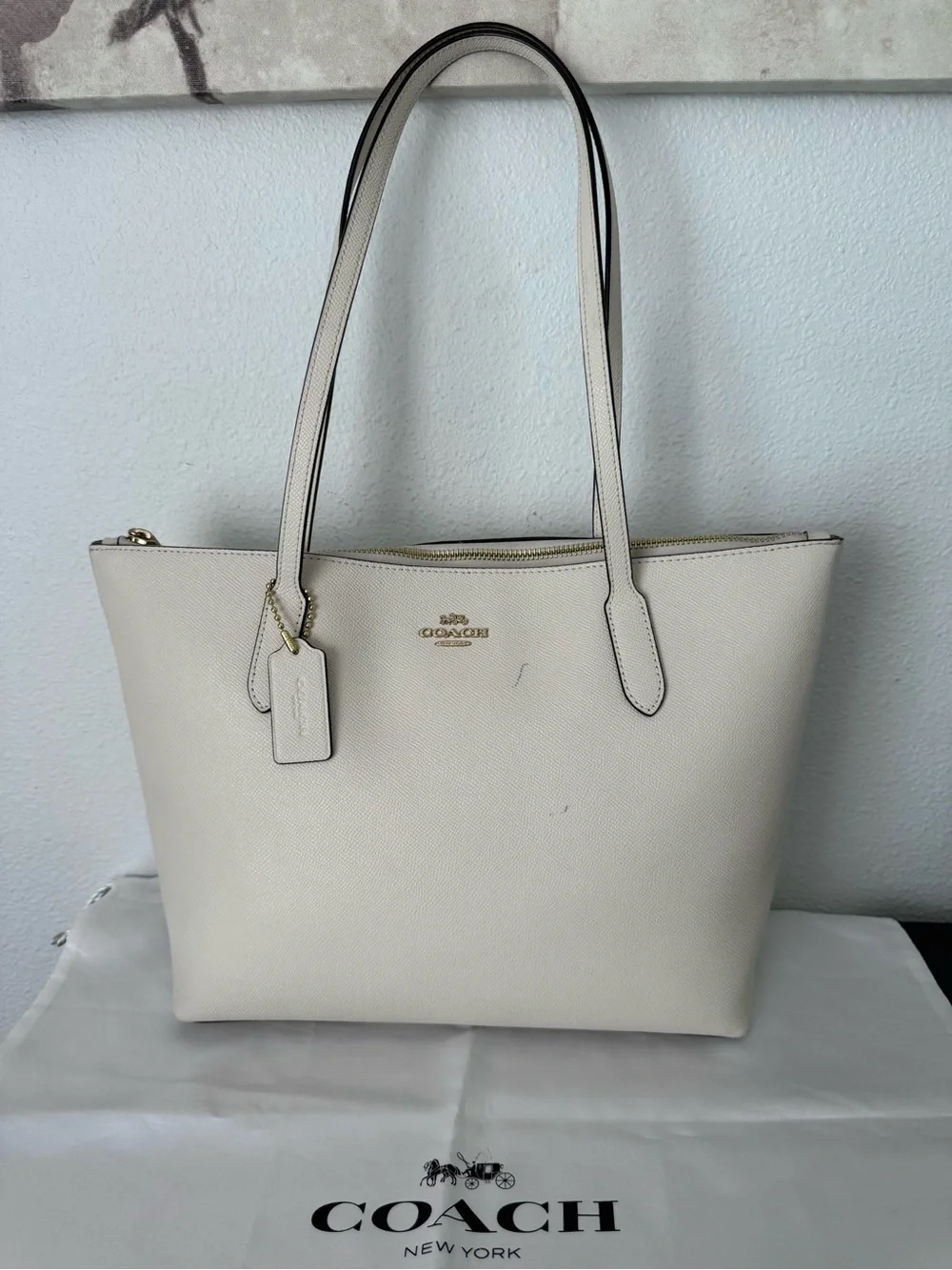 Coach Cream Leather Tote with Gold Hardware and Top Zip